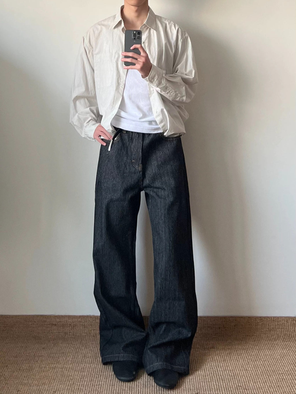 Striped Raw Denim Straight Leg Trousers