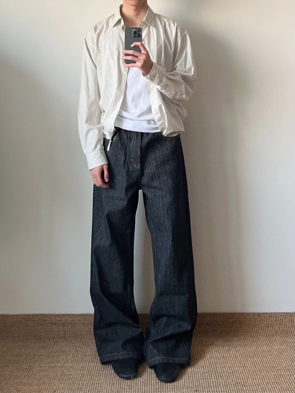 Striped Raw Denim Straight Leg Trousers