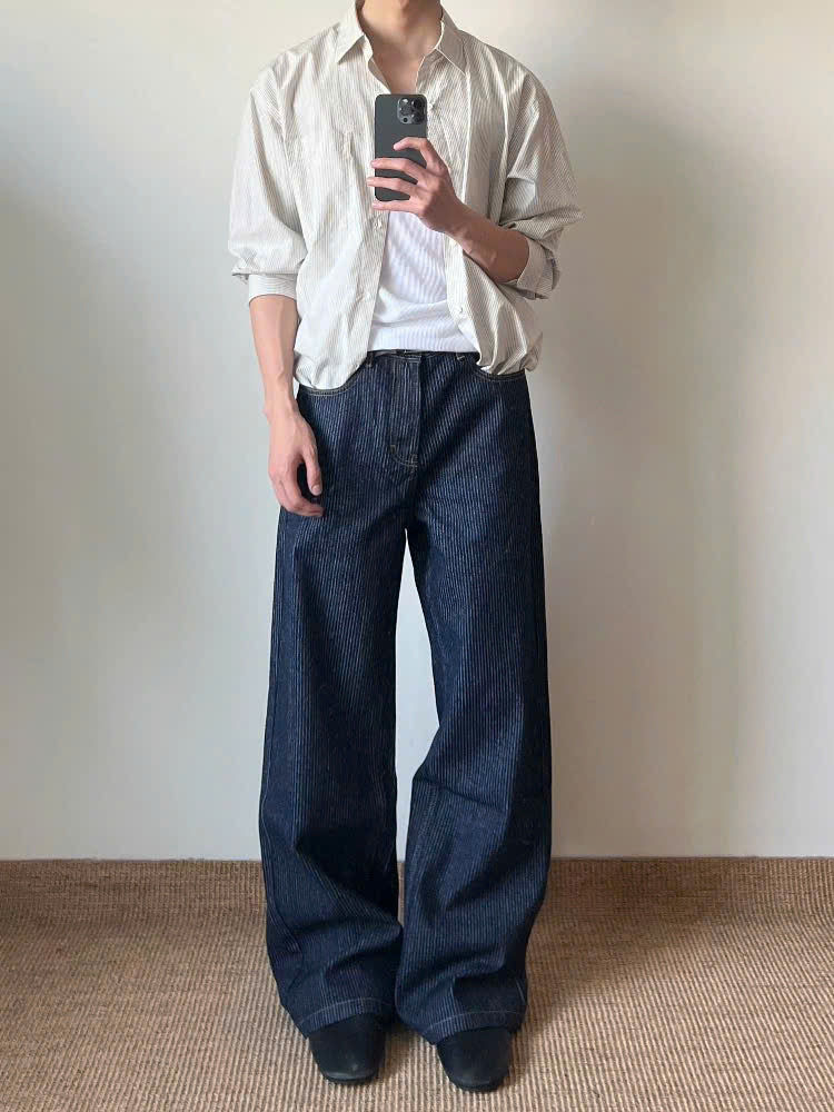 Striped Raw Denim Straight Leg Trousers
