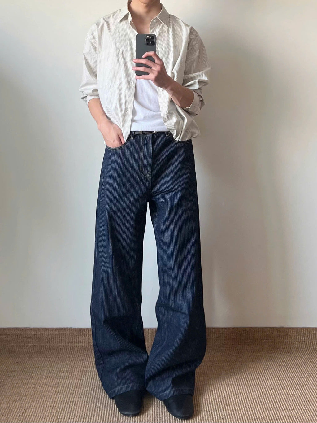 Striped Raw Denim Straight Leg Trousers
